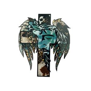 Artistic Cross with Winged Design Iron On Decal Sticker 3”x3.5”
